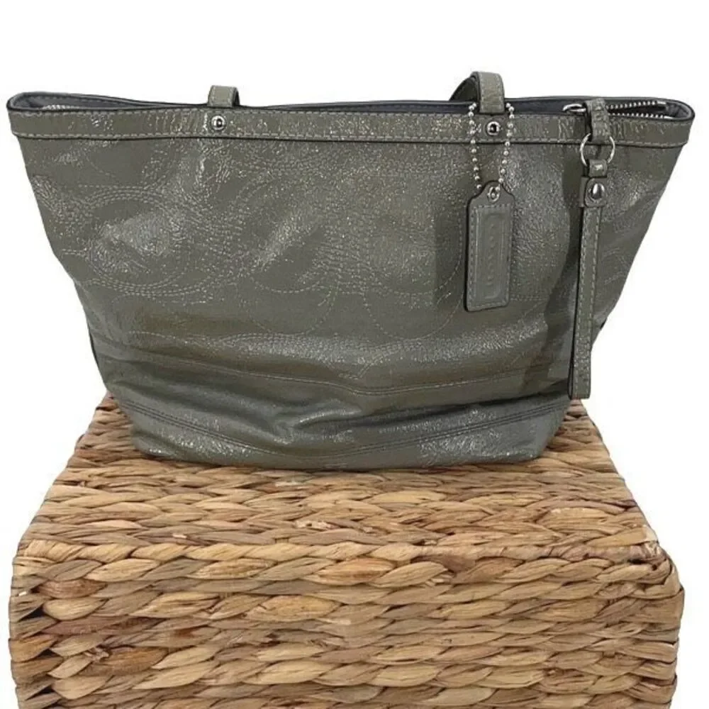 Coach Womens Gross Grain Patent Leather Stitch Tote Shoulder Bag Green Gray Medi